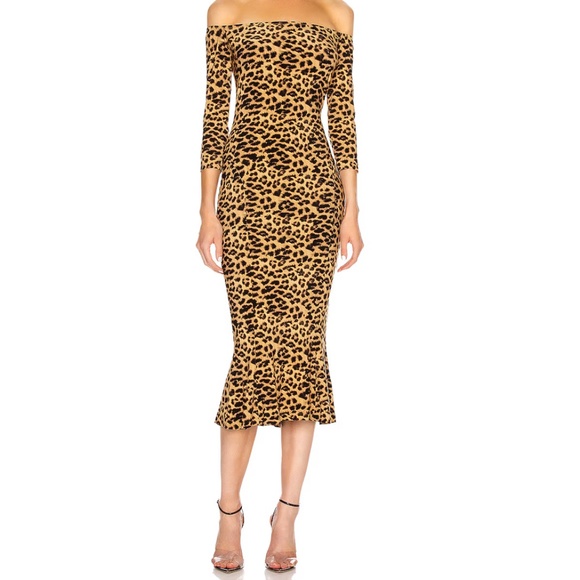 Norma Kamali Off Shoulder Fishtail Midcalf Dress, S, Golden Leopard - Picture 1 of 7